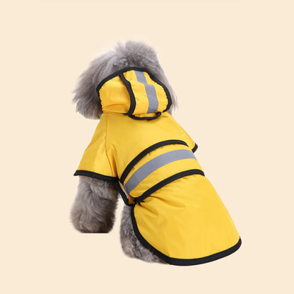 dog rain coat yellow with stripe back left with dog