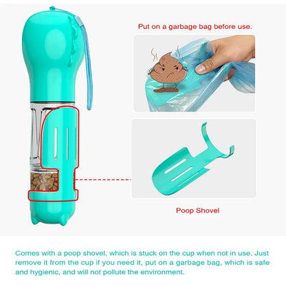 dog travel water bottle poop shovel and garbage bag